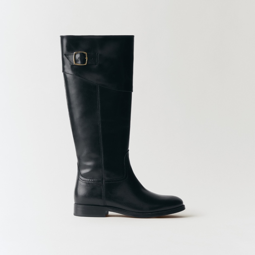 Mango Black Leather Knee High Riding Boots Buckle EU 36 US 6 NWT